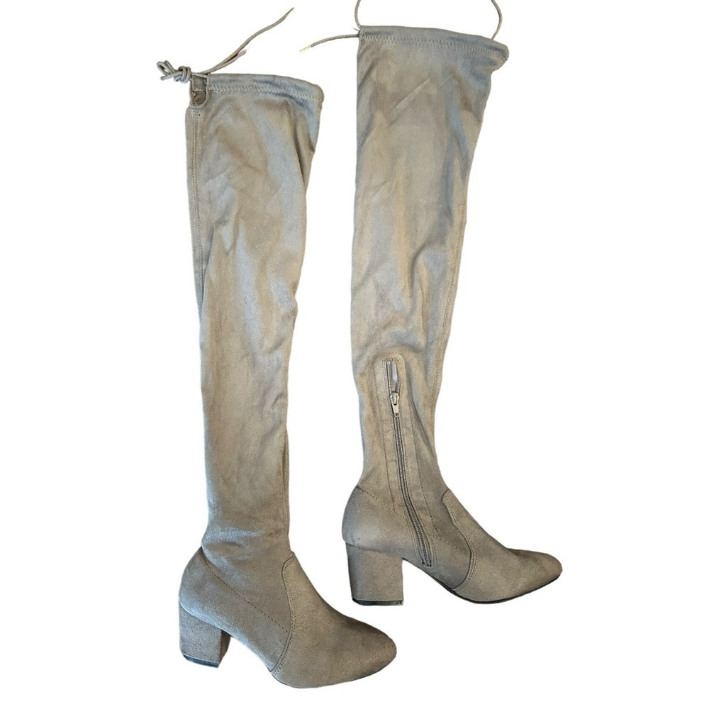 Qupid Over the Knee Faux Suede Block Heel Stretch Shaft Taupe Grey Boots